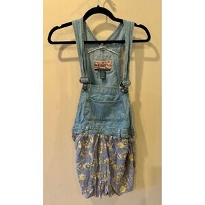 Vintage Express Shortalls Womens Small Blue 100% Cotton Denim Floral Romper 90s